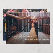 ネイビーエレガントブルーコーラルフローラフォトたった今結婚しました 案内状 (正面/裏面)