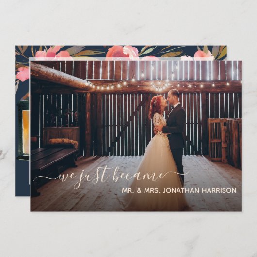 ネイビーエレガントブルーコーラルフローラフォトたった今結婚しました 案内状 (正面/裏面)