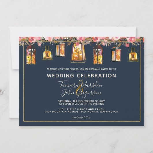 ネイビーエレガントブルーコーラルフローラフォト結婚ズ 招待状 (正面)