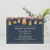 ネイビーエレガントブルーコーラルフローラフォト結婚ズ 招待状 (スタンド正面)