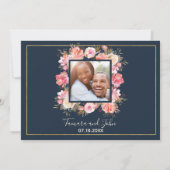 ネイビーエレガントブルーコーラルフローラフォト結婚ズ 招待状 (裏面)