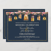 ネイビーエレガントブルーコーラルフローラフォト結婚ズ 招待状 (正面/裏面)