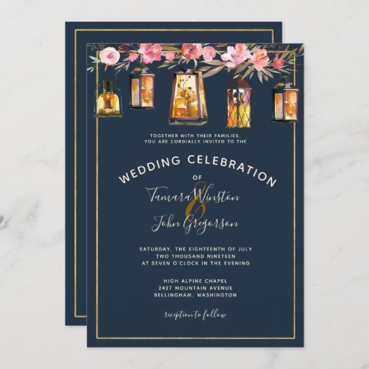 ネイビーエレガントブルーコーラルフローラ金ゴールドライト 招待状 (正面/裏面)