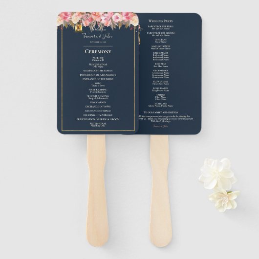 ネイビーエレガントブルーコーラルライツ結婚式 プログラム ハンドファン (正面&裏面)