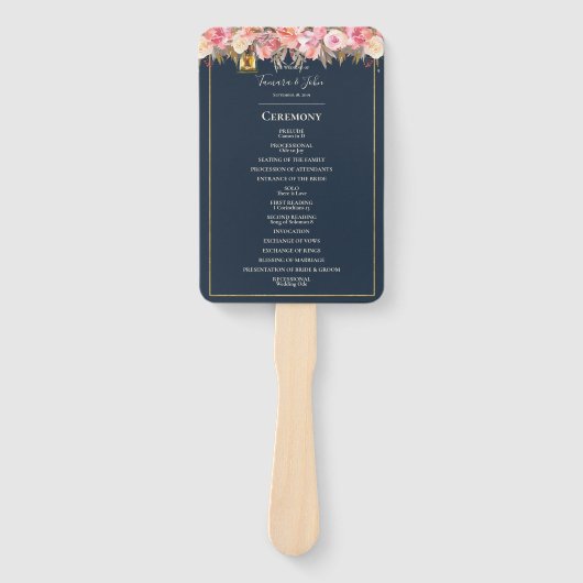 ネイビーエレガントブルーコーラルライツ結婚式 プログラム ハンドファン (正面)