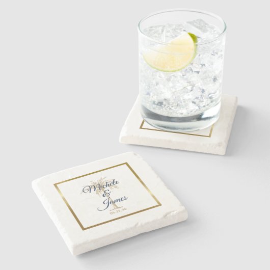 ネイビーエレガントブルーゴールデンパームモダンツリ結婚ーズ ストーンコースター (横)