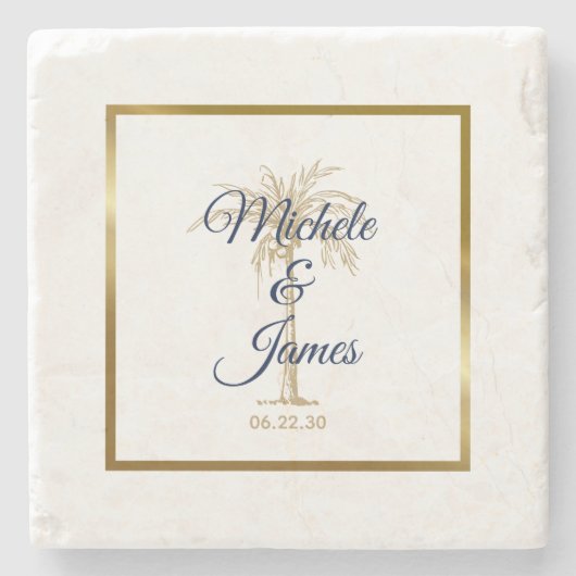 ネイビーエレガントブルーゴールデンパームモダンツリ結婚ーズ ストーンコースター (正面)