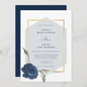 ネイビーエレガントブルーゴールデンフレームフローラ結婚ズ 招待状 (正面/裏面)