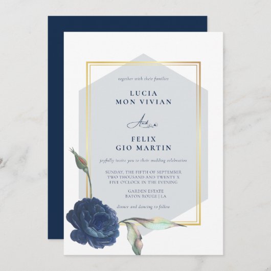 ネイビーエレガントブルーゴールデンフレームフローラ結婚ズ 招待状 (正面/裏面)
