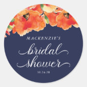ネイビーエレガントブルーゴールデンポピーブライダルシャワー ラウンドシール (正面)