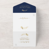 ネイビーエレガントブルーゴールデン結婚リーフのアーチ オールインワン招待状 (外側)