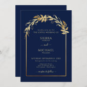 ネイビーエレガントブルーゴールデン結婚リーフのアーチ 招待状 (正面/裏面)