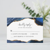 ネイビーエレガントブルーゴールドフォイルアゲートゲ結婚ムストーン 出欠カード (スタンド正面)