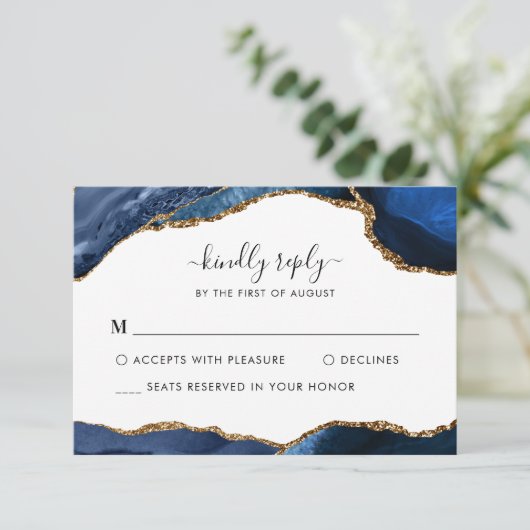 ネイビーエレガントブルーゴールドフォイルアゲートゲ結婚ムストーン 出欠カード (スタンド正面)