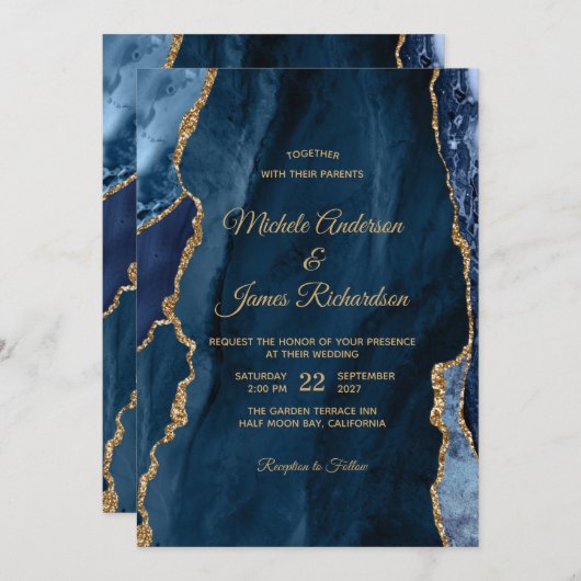 ネイビーエレガントブルーゴールドフォイルアゲート結婚ズ 招待状 (正面/裏面)