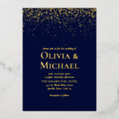 ネイビーエレガントブルーゴールドフォイル結婚ズ 箔招待状 (正面)