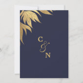 ネイビーエレガントブルーゴールド箔離れの葉の結婚 招待状 (裏面)