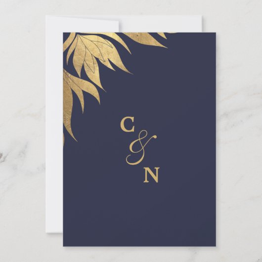 ネイビーエレガントブルーゴールド箔離れの葉の結婚 招待状 (裏面)