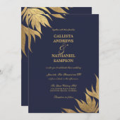 ネイビーエレガントブルーゴールド箔離れの葉の結婚 招待状 (正面/裏面)