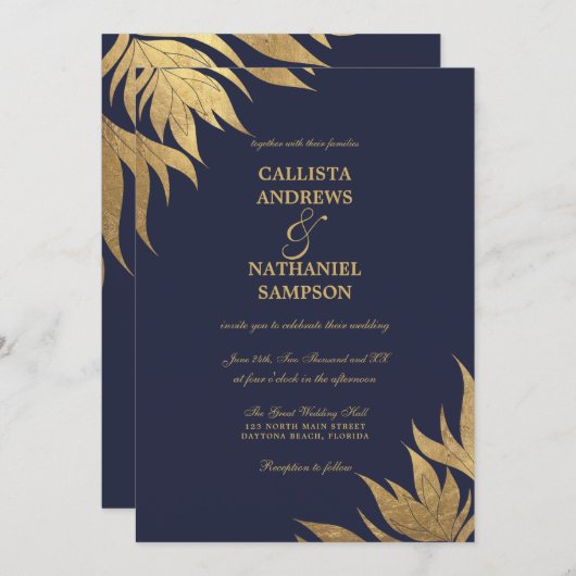 ネイビーエレガントブルーゴールド箔離れの葉の結婚 招待状 (正面/裏面)