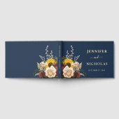 ネイビーエレガントブルーサンフラワー結婚ズ金ゴールド ゲストブック (全面)