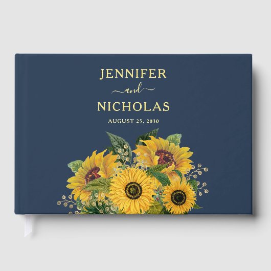 ネイビーエレガントブルーサンフラワー結婚ズ金ゴールド ゲストブック (正面)