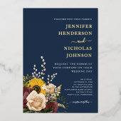 ネイビーエレガントブルーサンフラワー結婚ズ金ゴールド 箔招待状 (正面)