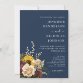 ネイビーエレガントブルーサンフラワー結婚フローラ 招待状 (正面)