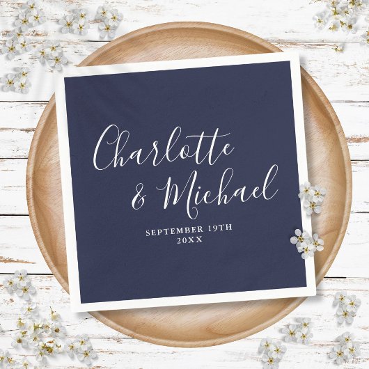 ネイビーエレガントブルーシグネチャー結婚ズナプキン スタンダードカクテルナプキン