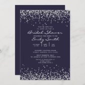 ネイビーエレガントブルーシルバーグリッターブライダルシャワー 招待状 (正面/裏面)