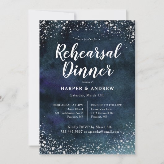 ネイビーエレガントブルーシルバーグリッターリハーサルディナー 招待状 (正面)