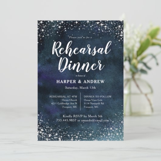 ネイビーエレガントブルーシルバーグリッターリハーサルディナー 招待状 (スタンド正面)