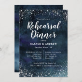 ネイビーエレガントブルーシルバーグリッターリハーサルディナー 招待状 (正面/裏面)