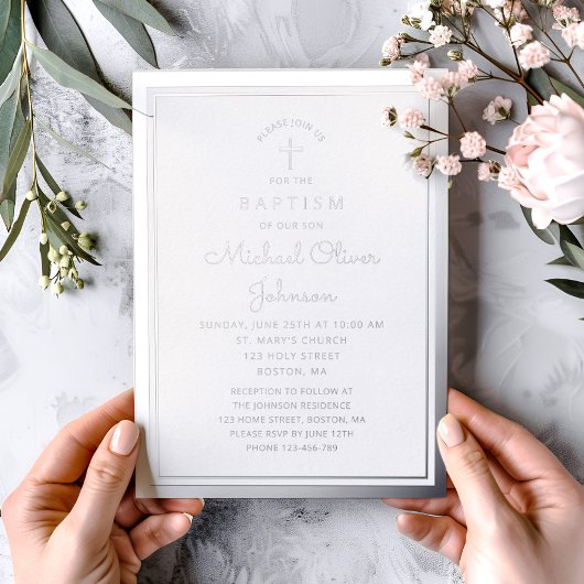 ネイビーエレガントブルーシルバースクリプト宗教的バプテスマ 箔招待状