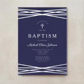 ネイビーエレガントブルーシルバースクリプト少年バプテスマ 箔招待状