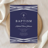 ネイビーエレガントブルーシルバースクリプト少年バプテスマ 箔招待状