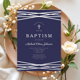 ネイビーエレガントブルーシルバースクリプト少年バプテスマ 箔招待状