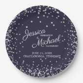 ネイビーエレガントブルーシルバーダイヤモンドグリッター結婚ズ ペーパープレート (正面)