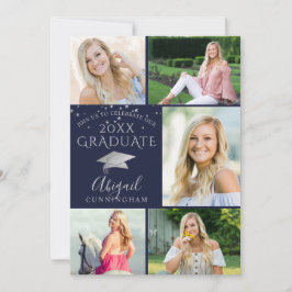 ネイビーエレガントブルーシルバーフォトコラージュ卒業生 招待状