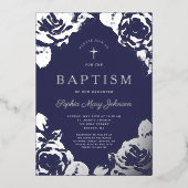 ネイビーエレガントブルーシルバーフローラバプテスマ 箔招待状 (正面)