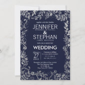 ネイビーエレガントブルーシルバーフローラ結婚グリッター 招待状 (正面)