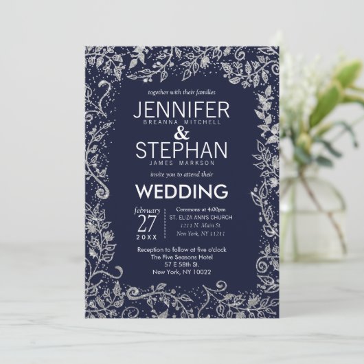 ネイビーエレガントブルーシルバーフローラ結婚グリッター 招待状 (スタンド正面)