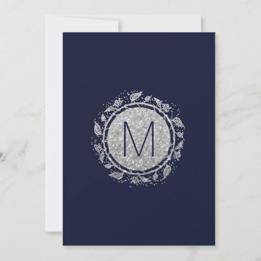 ネイビーエレガントブルーシルバーフローラ結婚グリッター 招待状 (裏面)