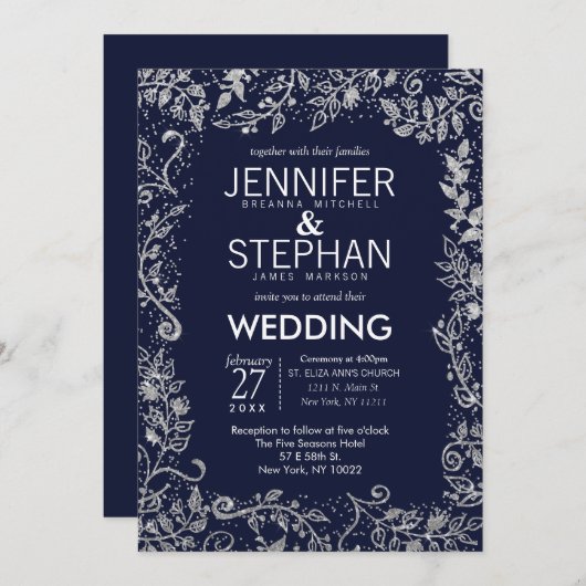 ネイビーエレガントブルーシルバーフローラ結婚グリッター 招待状 (正面/裏面)