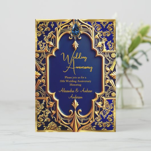 ネイビーエレガントブルージェム金ゴールド50周年記念 招待状 (スタンド正面)