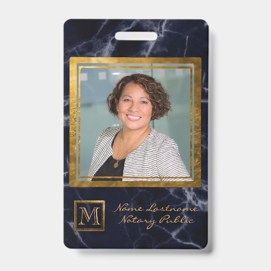 ネイビーエレガントブルースクエア金ゴールドモノグラム公証人 バッジ (正面)