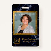 ネイビーエレガントブルースクエア金ゴールドモノグラム公証人 バッジ (正面)