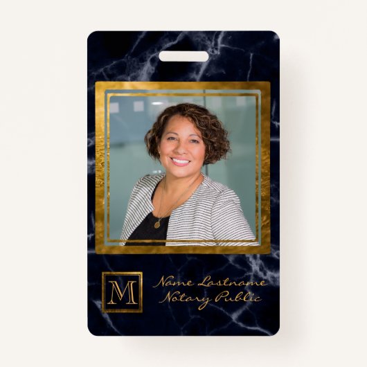 ネイビーエレガントブルースクエア金ゴールドモノグラム公証人 バッジ (正面)