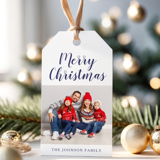 ネイビーエレガントブルースクリプトクリスマスフォト ギフトタグ