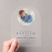 ネイビーエレガントブルースクリプトボーイ写真バプテスマ アクリル招待状 (インサイチュ (ポータブル))